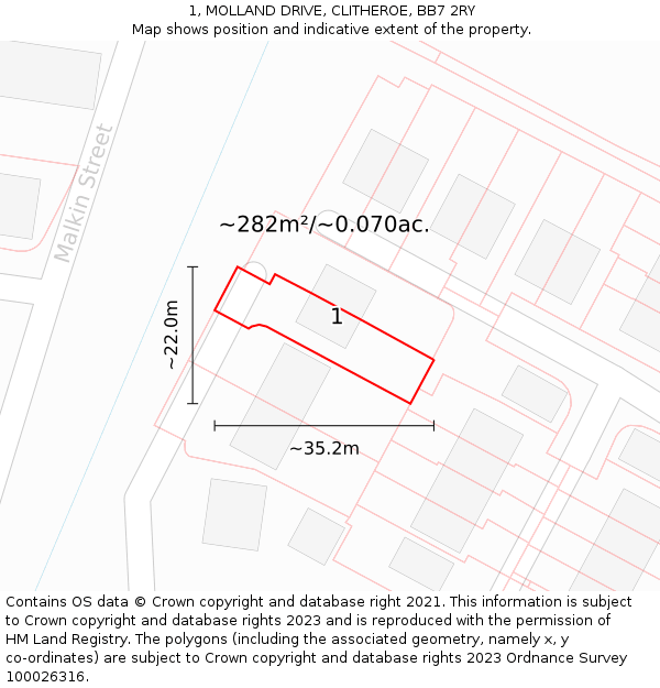 1, MOLLAND DRIVE, CLITHEROE, BB7 2RY: Plot and title map