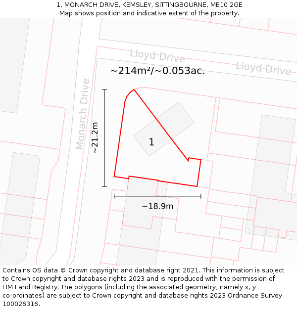 1, MONARCH DRIVE, KEMSLEY, SITTINGBOURNE, ME10 2GE: Plot and title map