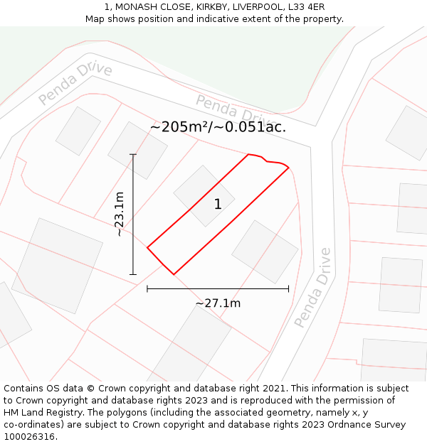 1, MONASH CLOSE, KIRKBY, LIVERPOOL, L33 4ER: Plot and title map