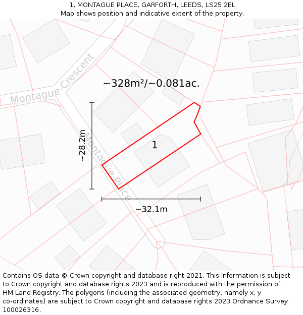 1, MONTAGUE PLACE, GARFORTH, LEEDS, LS25 2EL: Plot and title map