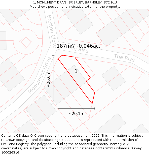 1, MONUMENT DRIVE, BRIERLEY, BARNSLEY, S72 9LU: Plot and title map