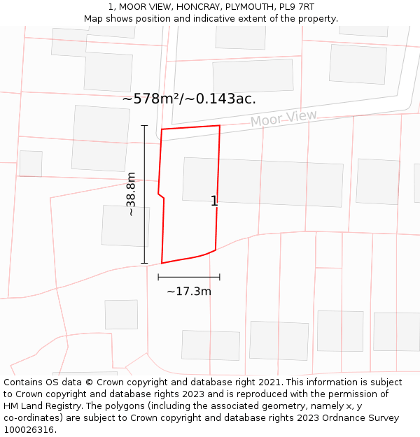 1, MOOR VIEW, HONCRAY, PLYMOUTH, PL9 7RT: Plot and title map