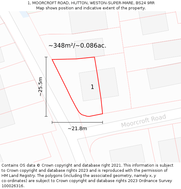 1, MOORCROFT ROAD, HUTTON, WESTON-SUPER-MARE, BS24 9RR: Plot and title map