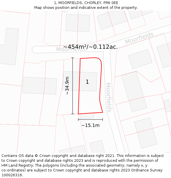 1, MOORFIELDS, CHORLEY, PR6 0EE: Plot and title map