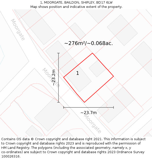 1, MOORGATE, BAILDON, SHIPLEY, BD17 6LW: Plot and title map