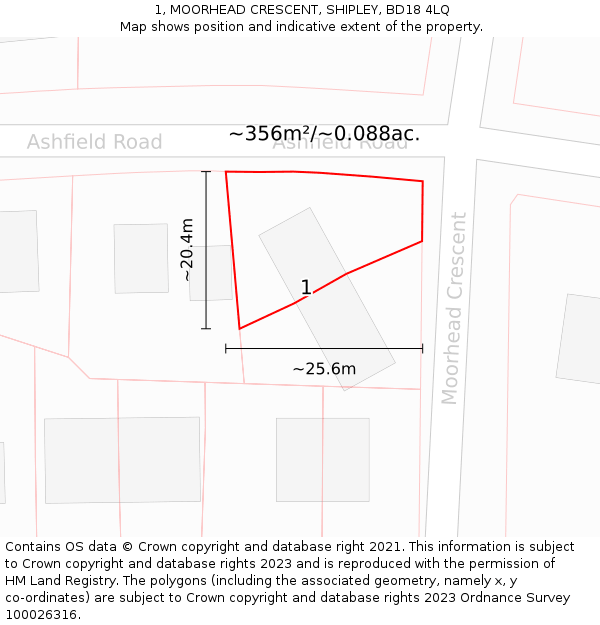 1, MOORHEAD CRESCENT, SHIPLEY, BD18 4LQ: Plot and title map