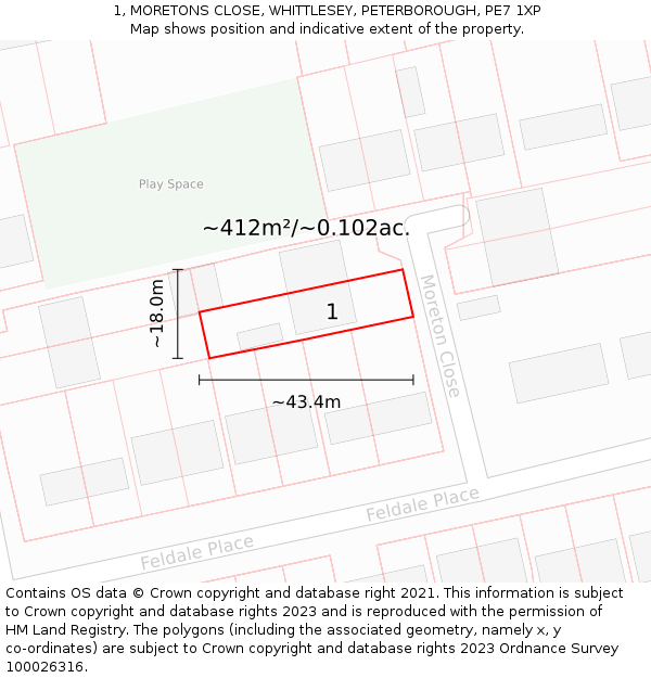 1, MORETONS CLOSE, WHITTLESEY, PETERBOROUGH, PE7 1XP: Plot and title map