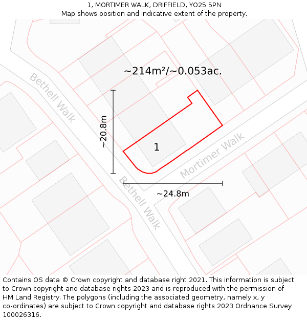 1, MORTIMER WALK, DRIFFIELD, YO25 5PN: Plot and title map