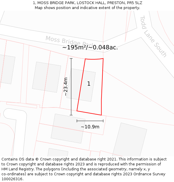 1, MOSS BRIDGE PARK, LOSTOCK HALL, PRESTON, PR5 5LZ: Plot and title map