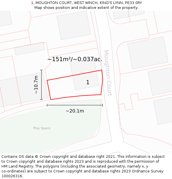 1, MOUGHTON COURT, WEST WINCH, KING'S LYNN, PE33 0RY: Plot and title map