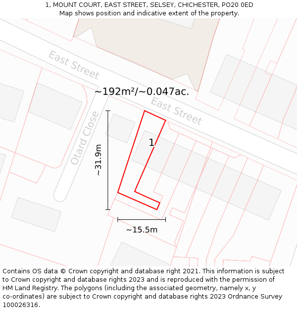 1, MOUNT COURT, EAST STREET, SELSEY, CHICHESTER, PO20 0ED: Plot and title map