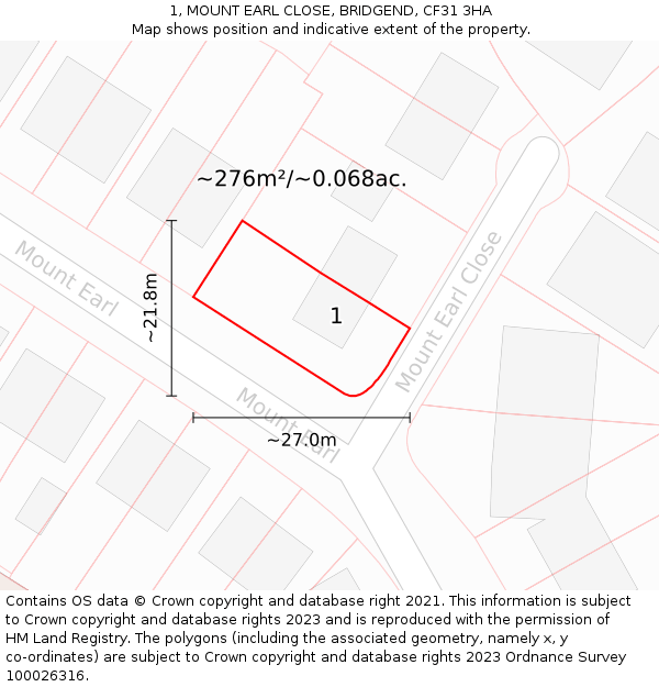 1, MOUNT EARL CLOSE, BRIDGEND, CF31 3HA: Plot and title map