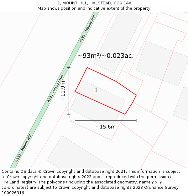 1, MOUNT HILL, HALSTEAD, CO9 1AA: Plot and title map