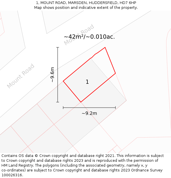 1, MOUNT ROAD, MARSDEN, HUDDERSFIELD, HD7 6HP: Plot and title map