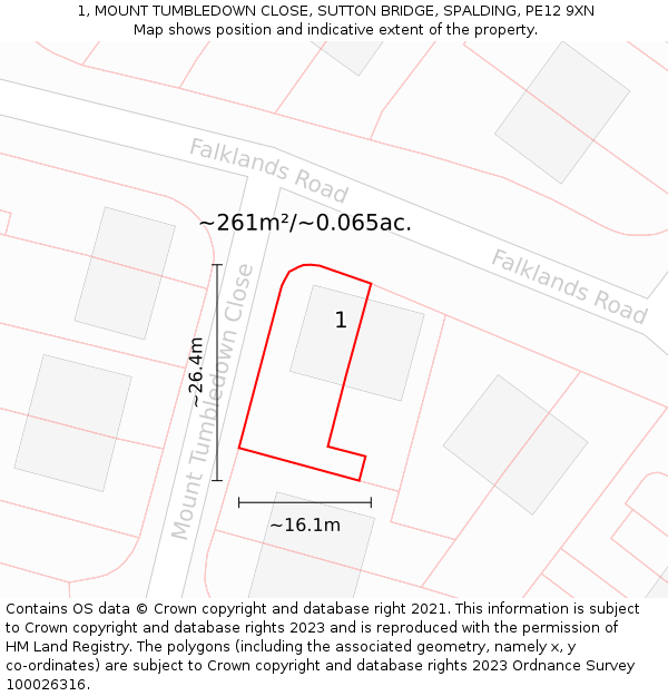 1, MOUNT TUMBLEDOWN CLOSE, SUTTON BRIDGE, SPALDING, PE12 9XN: Plot and title map