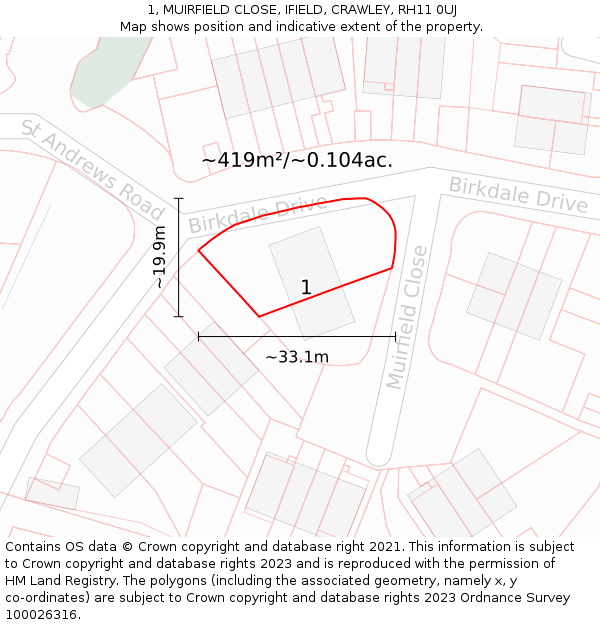 1, MUIRFIELD CLOSE, IFIELD, CRAWLEY, RH11 0UJ: Plot and title map