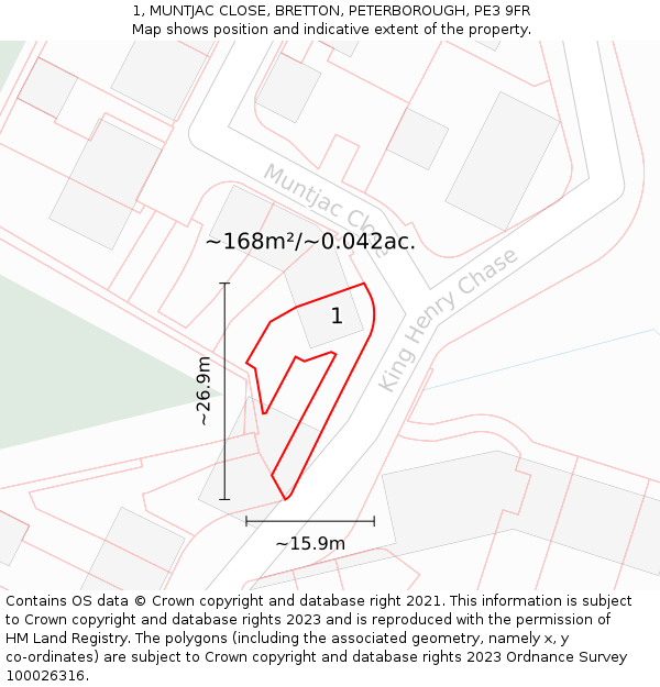 1, MUNTJAC CLOSE, BRETTON, PETERBOROUGH, PE3 9FR: Plot and title map