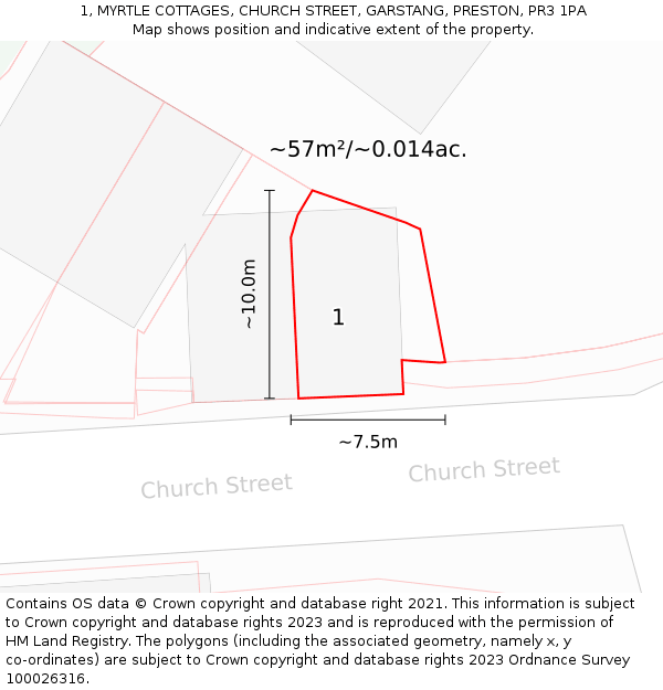 1, MYRTLE COTTAGES, CHURCH STREET, GARSTANG, PRESTON, PR3 1PA: Plot and title map