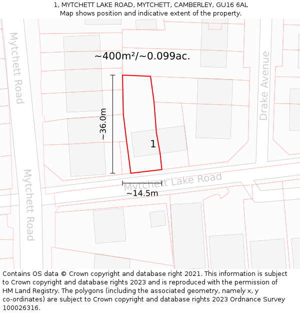 1, MYTCHETT LAKE ROAD, MYTCHETT, CAMBERLEY, GU16 6AL: Plot and title map