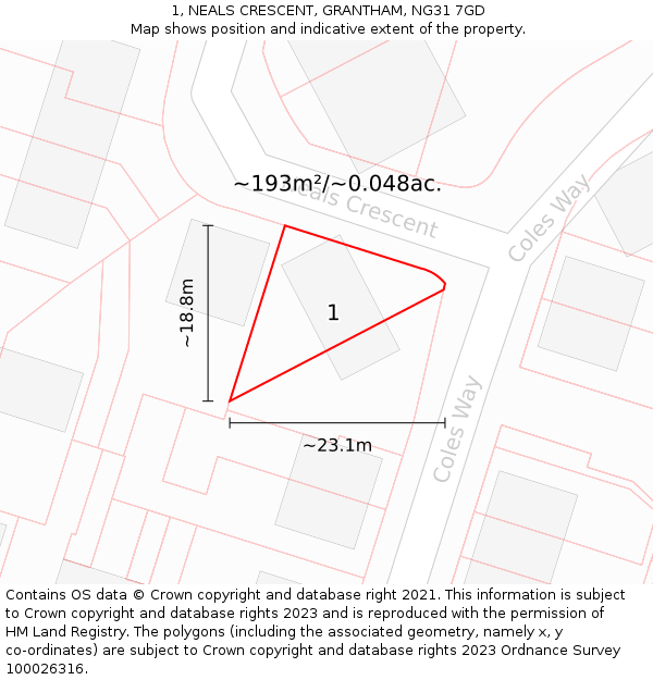 1, NEALS CRESCENT, GRANTHAM, NG31 7GD: Plot and title map