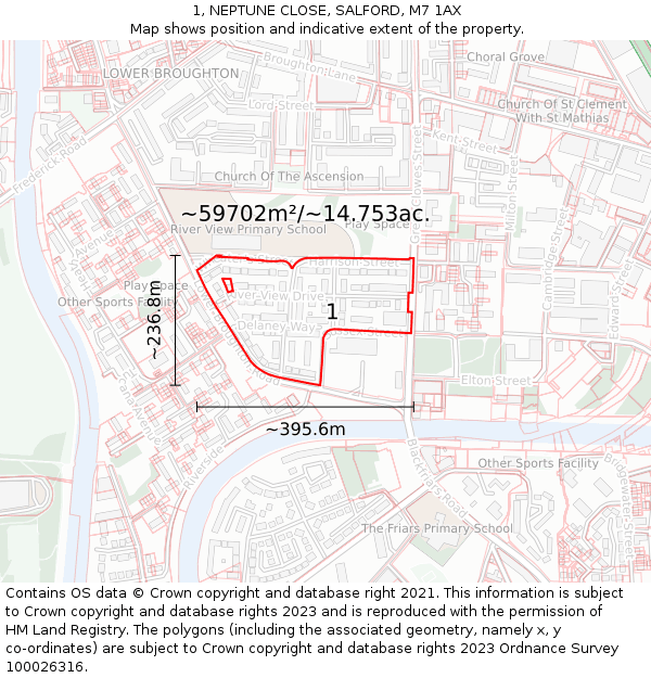 1, NEPTUNE CLOSE, SALFORD, M7 1AX: Plot and title map