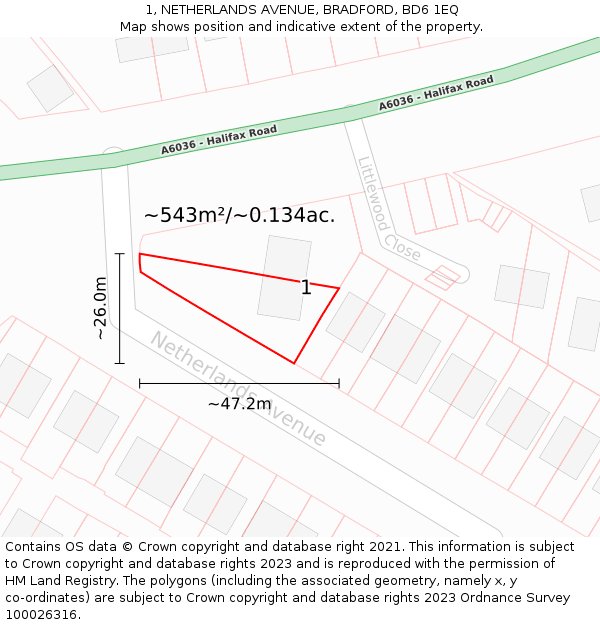 1, NETHERLANDS AVENUE, BRADFORD, BD6 1EQ: Plot and title map