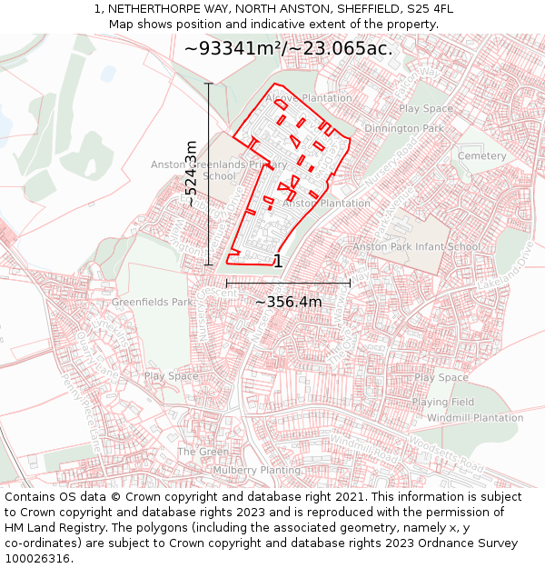 1, NETHERTHORPE WAY, NORTH ANSTON, SHEFFIELD, S25 4FL: Plot and title map