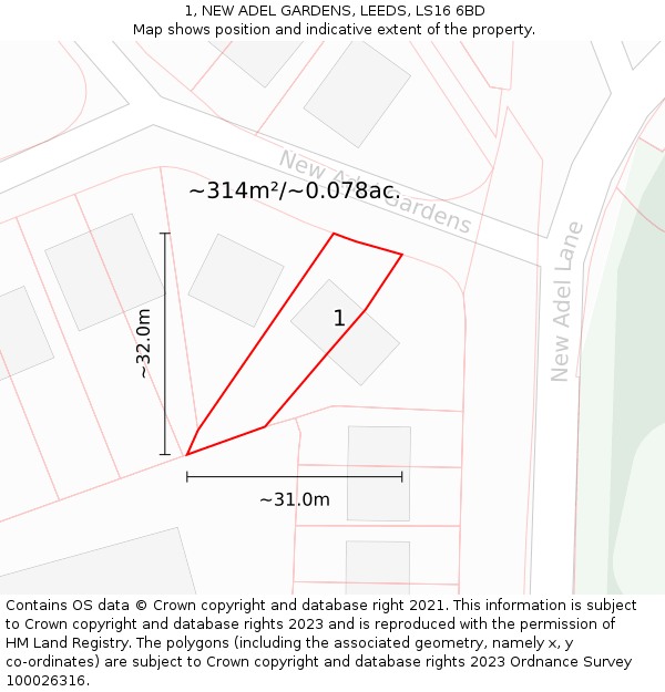 1, NEW ADEL GARDENS, LEEDS, LS16 6BD: Plot and title map