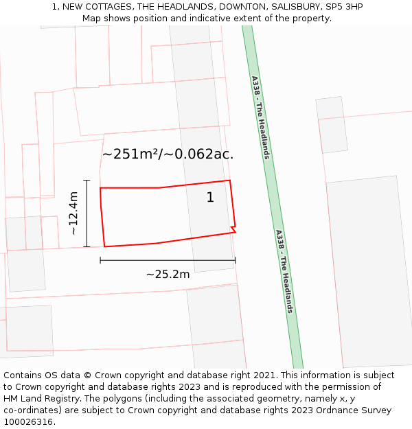 1, NEW COTTAGES, THE HEADLANDS, DOWNTON, SALISBURY, SP5 3HP: Plot and title map