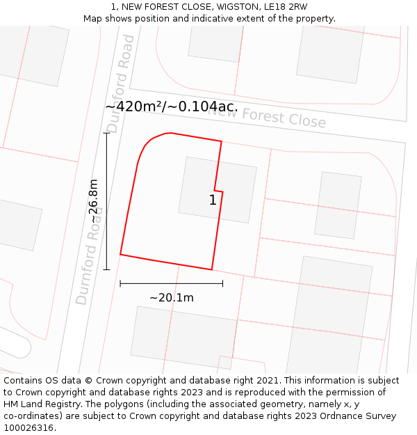 1, NEW FOREST CLOSE, WIGSTON, LE18 2RW: Plot and title map