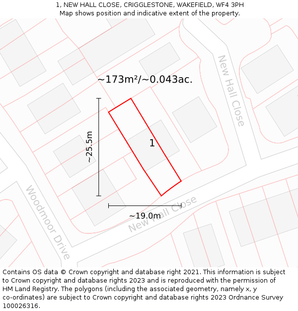 1, NEW HALL CLOSE, CRIGGLESTONE, WAKEFIELD, WF4 3PH: Plot and title map
