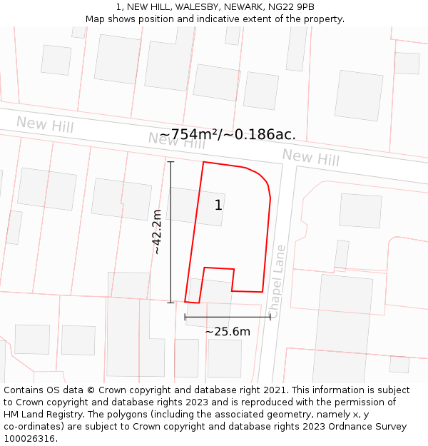 1, NEW HILL, WALESBY, NEWARK, NG22 9PB: Plot and title map