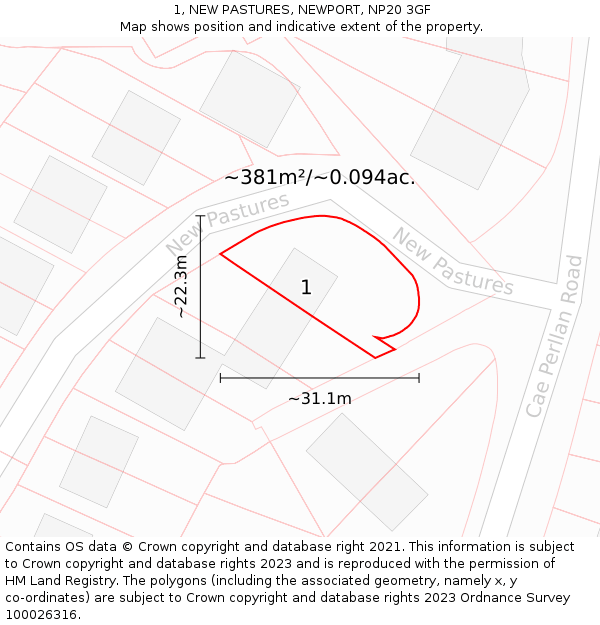 1, NEW PASTURES, NEWPORT, NP20 3GF: Plot and title map