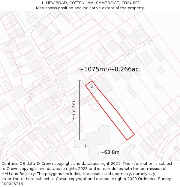 1, NEW ROAD, COTTENHAM, CAMBRIDGE, CB24 8RF: Plot and title map