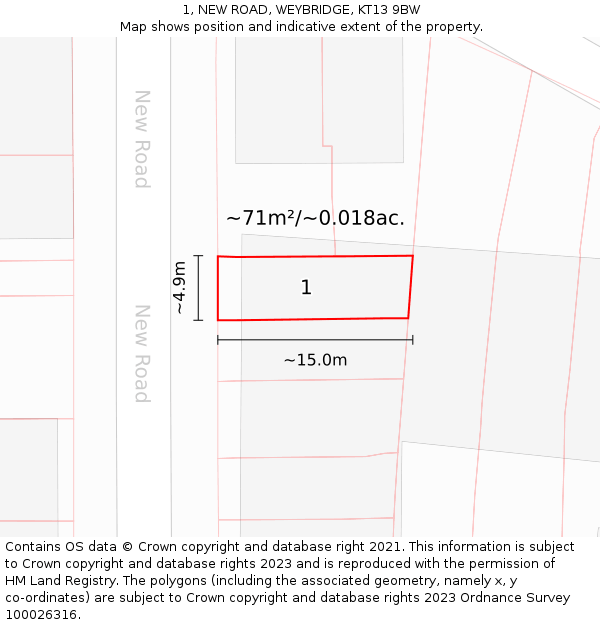 1, NEW ROAD, WEYBRIDGE, KT13 9BW: Plot and title map