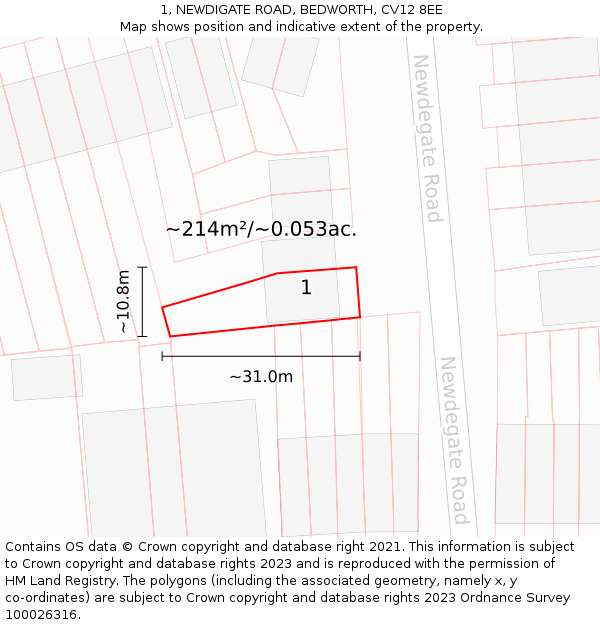 1, NEWDIGATE ROAD, BEDWORTH, CV12 8EE: Plot and title map