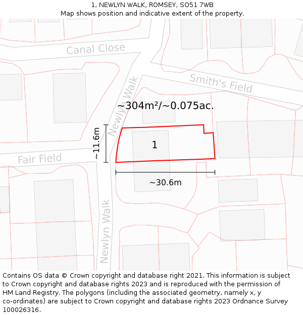 1, NEWLYN WALK, ROMSEY, SO51 7WB: Plot and title map