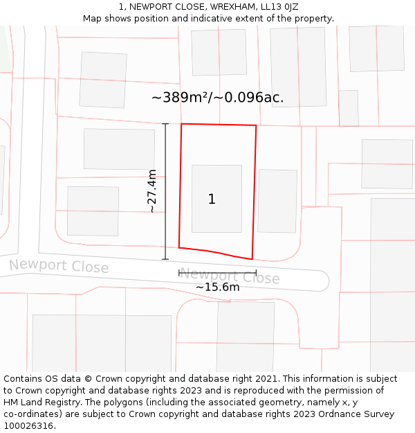 1, NEWPORT CLOSE, WREXHAM, LL13 0JZ: Plot and title map