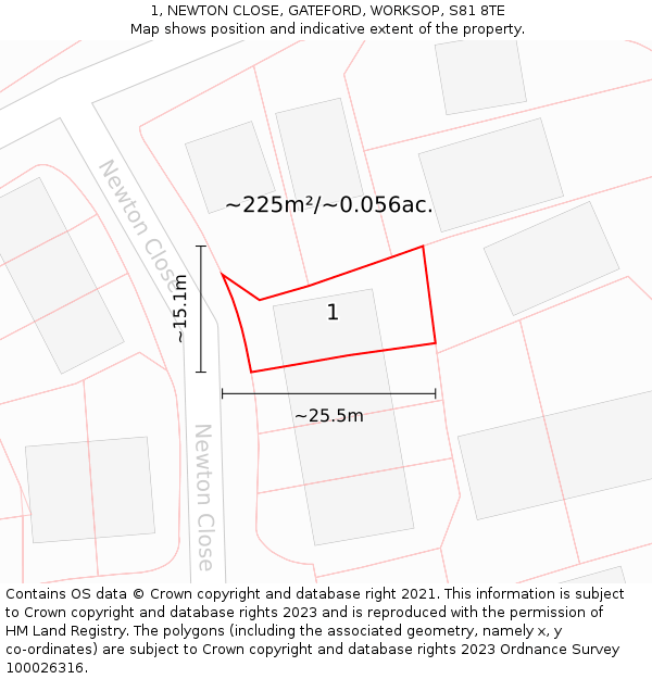 1, NEWTON CLOSE, GATEFORD, WORKSOP, S81 8TE: Plot and title map