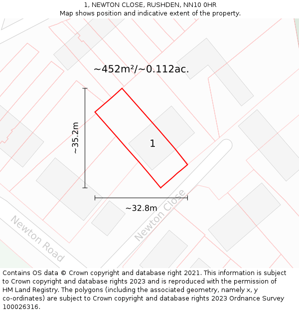 1, NEWTON CLOSE, RUSHDEN, NN10 0HR: Plot and title map