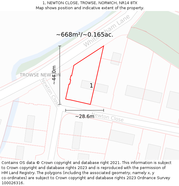 1, NEWTON CLOSE, TROWSE, NORWICH, NR14 8TX: Plot and title map