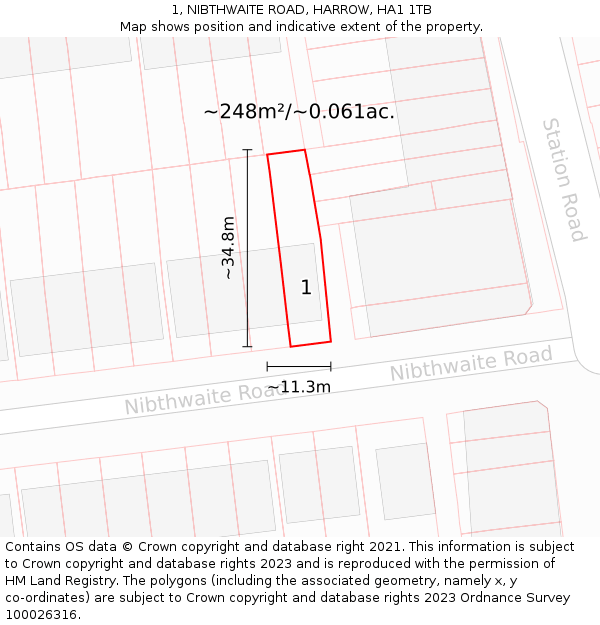 1, NIBTHWAITE ROAD, HARROW, HA1 1TB: Plot and title map