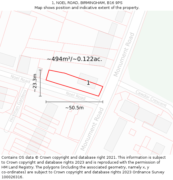 1, NOEL ROAD, BIRMINGHAM, B16 9PS: Plot and title map