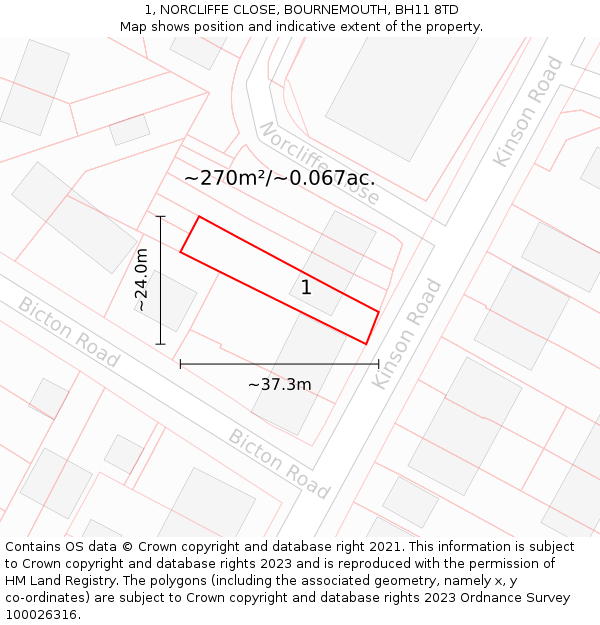 1, NORCLIFFE CLOSE, BOURNEMOUTH, BH11 8TD: Plot and title map