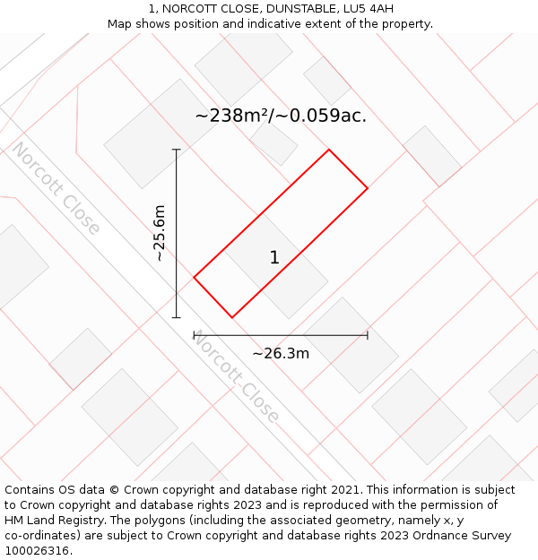 1, NORCOTT CLOSE, DUNSTABLE, LU5 4AH: Plot and title map