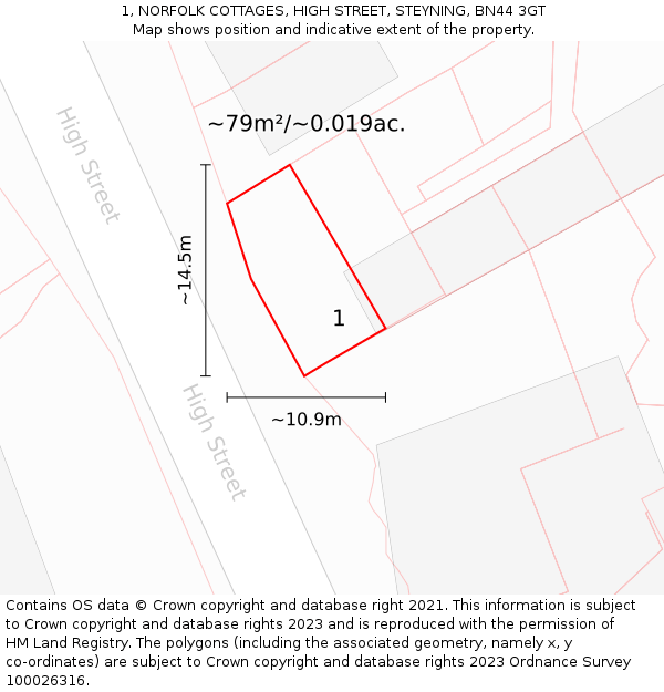 1, NORFOLK COTTAGES, HIGH STREET, STEYNING, BN44 3GT: Plot and title map