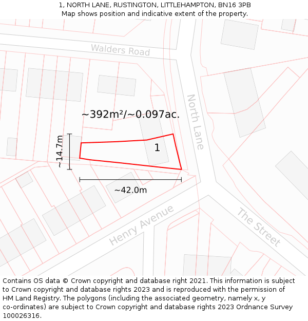 1, NORTH LANE, RUSTINGTON, LITTLEHAMPTON, BN16 3PB: Plot and title map
