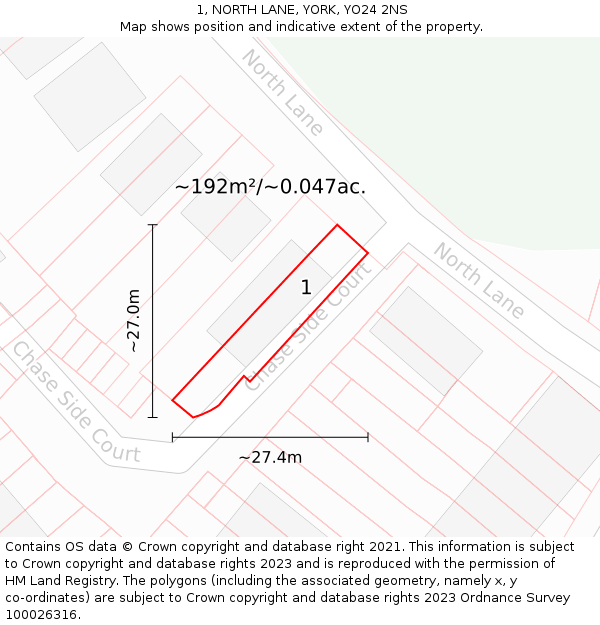 1, NORTH LANE, YORK, YO24 2NS: Plot and title map