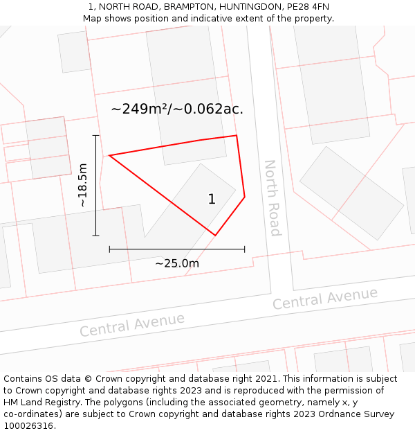 1, NORTH ROAD, BRAMPTON, HUNTINGDON, PE28 4FN: Plot and title map