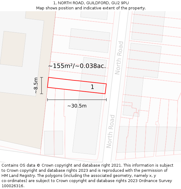 1, NORTH ROAD, GUILDFORD, GU2 9PU: Plot and title map